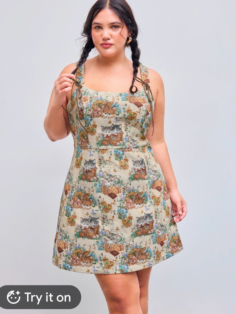 NWG Sleeveless Cat Print Dress in Beige Cider
